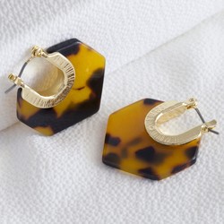 Tortoiseshell Acrylic Hexagon Earrings in Gold