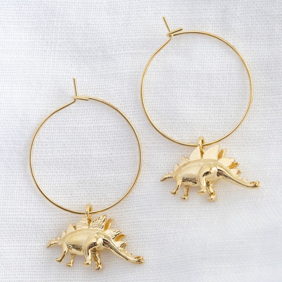 Gold Stegosaurus Dinosaur Hoop Earrings 