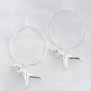 Silver T-Rex Dinosaur Hoop Earrings