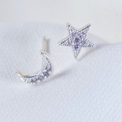 Moon and Star Crystal Stud Earrings in Silver