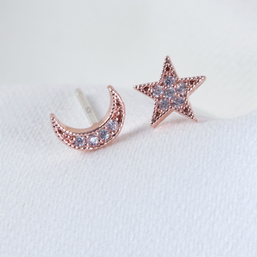 Rose Gold Moon and Star Crystal Stud 