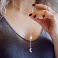 Moon and Star Lariat Necklace in Silver