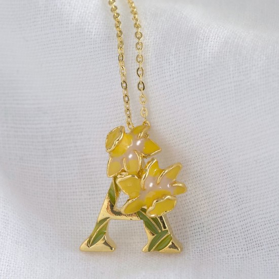 (WHS) Floral Initial Necklace in Gold - A