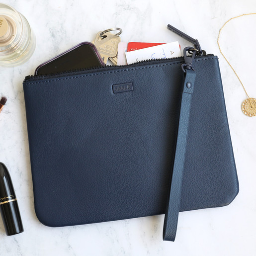 navy leather clutch purse