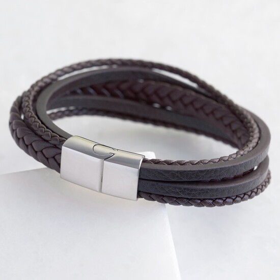 Men's Layered Leather Straps Bracelet in Brown - L