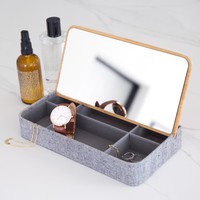 Fabric and Bamboo Lid Jewellery Box in Grey
