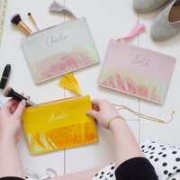 Personalised Name Iridescent Tassel Make up Bag