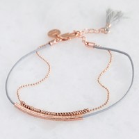 Leather and Ball Chain Curved Bar Tassel Bracelet in Grey and Rose Gold