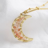 Beaded Crescent Moon Necklace in Gold
