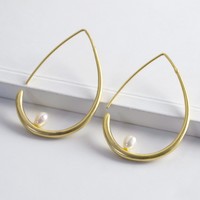 Large Gold Teardrop Pearl Hoop Earrings