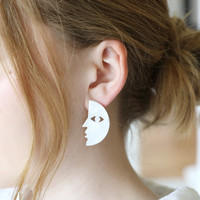 Half Face Drop Earrings in Brushed Silver