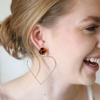 Large Tortoiseshell and Gold Heart Drop Earrings
