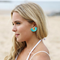 Gold Half Circle Tassel Stud Earrings in Teal