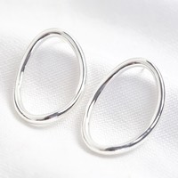 Curved Oval Hoop Drop Earrings in Silver