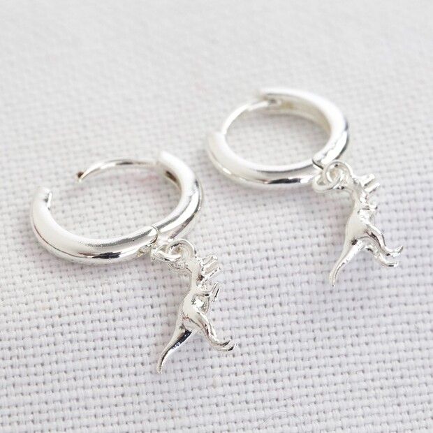T-Rex Dinosaur Huggie Hoop Earrings in Silver