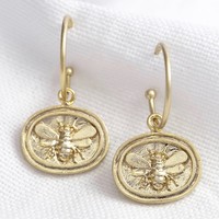 Wax Seal Bee Charm Hoop Earrings in Gold