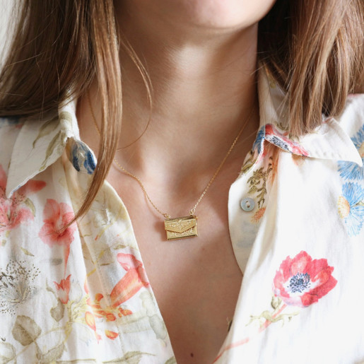 Model Wears Lisa Angel Personalised Envelope Locket Necklace with Hidden Photo Charm