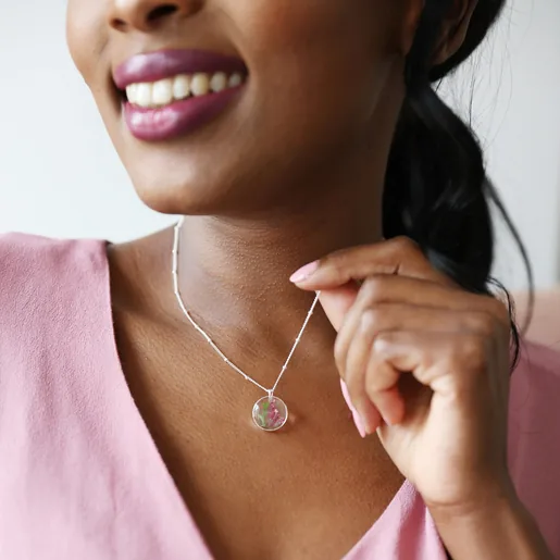 Pressed Birth Flower Pendant Necklace in Silver on Model