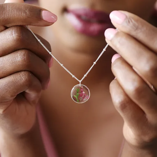 Ladies' Pressed Birth Flower Pendant Necklace in Silver on Model