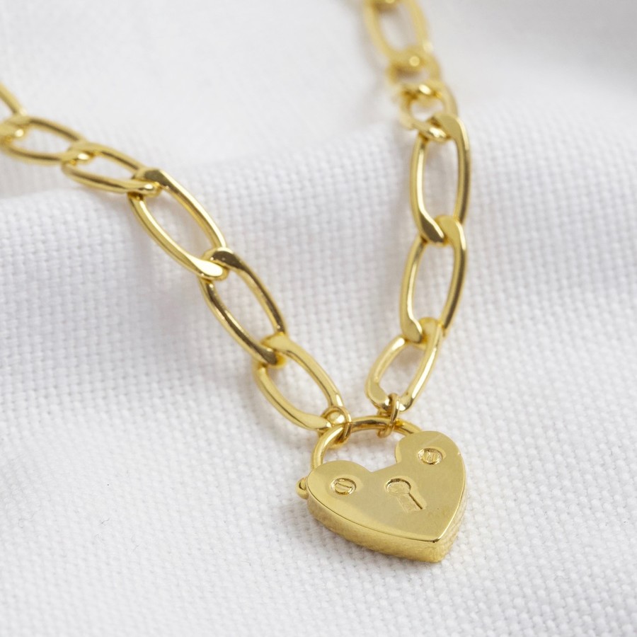 Padlock with Heart Necklace Padlock necklace Heart Charm Gold tone on 18 chain Padlock Pendant