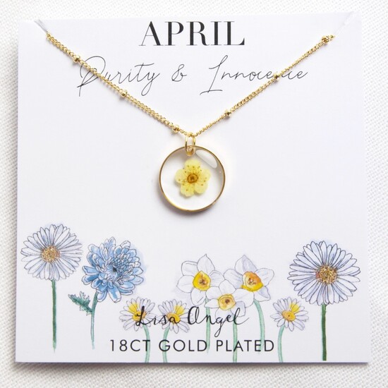 Real Pressed Birth Flower Pendant Necklace in Gold - April