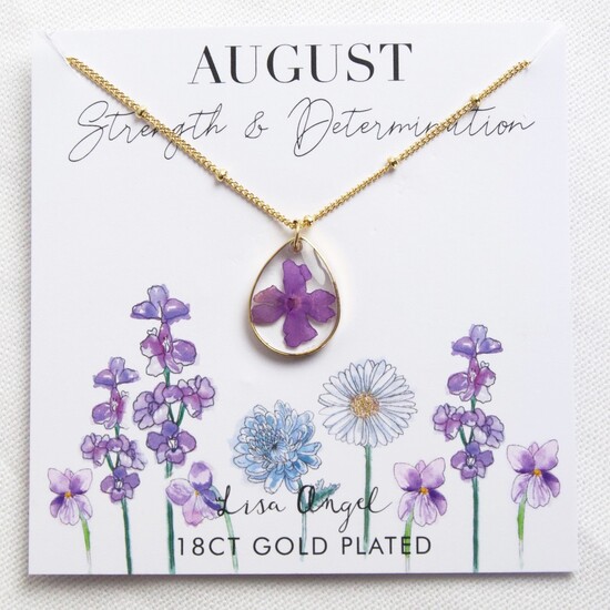 Real Pressed Birth Flower Pendant Necklace in Gold - August