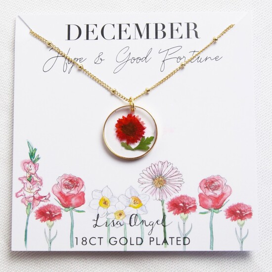 Real Pressed Birth Flower Pendant Necklace in Gold - December