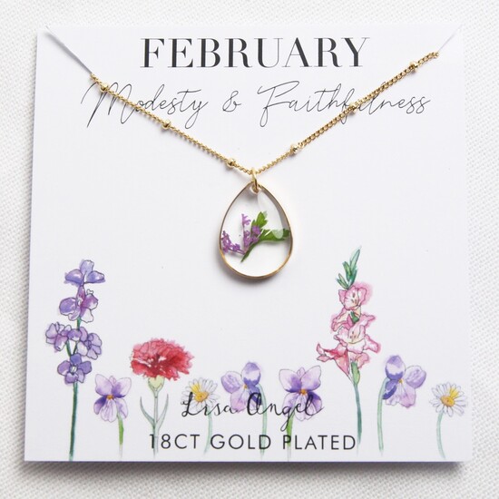 Real Pressed Birth Flower Pendant Necklace in Gold - February