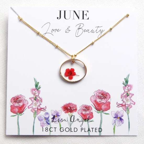 Real Pressed Birth Flower Pendant Necklace in Gold - June