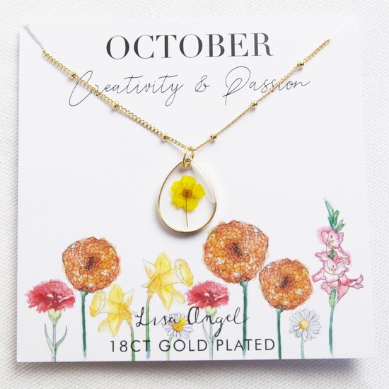 Real Pressed Birth Flower Pendant Necklace in Gold - October