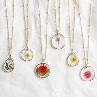 Pressed Birth Flower Pendant Necklace in Gold