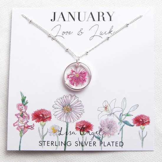 Real Pressed Birth Flower Pendant Necklace in Silver - January