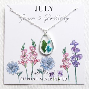 Real Pressed Birth Flower Pendant Necklace in Silver - July