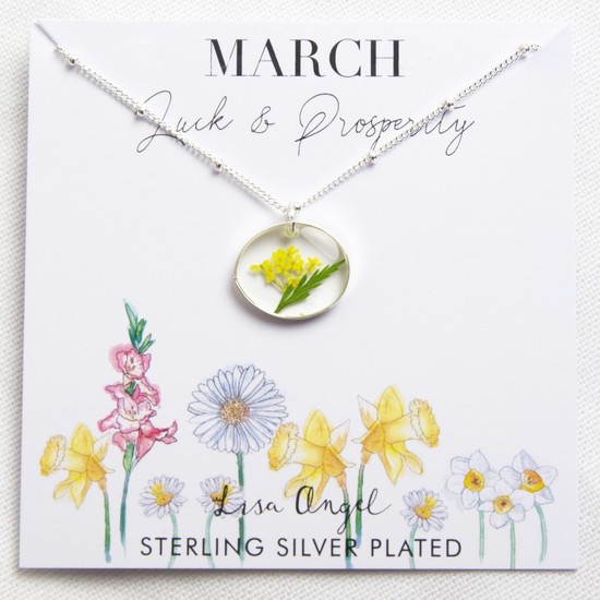 Real Pressed Birth Flower Pendant Necklace in Silver - March