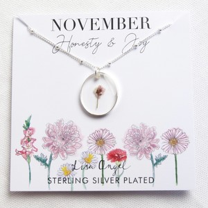 Real Pressed Birth Flower Pendant Necklace in Silver - November