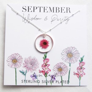 Real Pressed Birth Flower Pendant Necklace in Silver - September