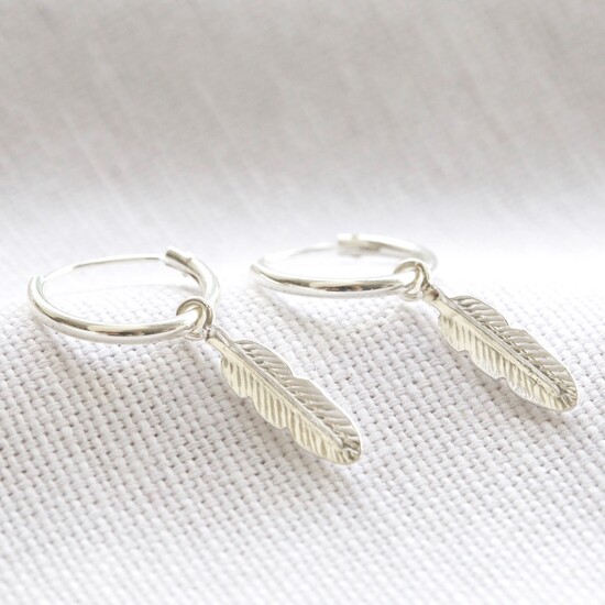 Sterling Silver Feather Charm Hoop Earrings