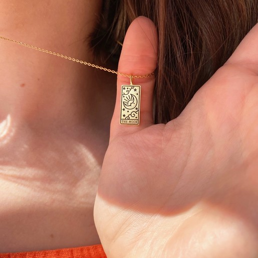 Lisa Angel Ladies' Gold 'The Moon' Tarot Card Pendant Necklace on Model