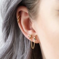 Rainbow Moon and Star Double Stud Chain Earring in Gold