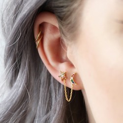 Rainbow Moon and Star Double Stud Chain Earring in Gold