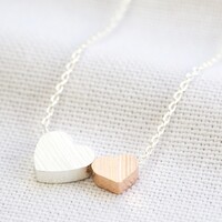 Brushed Double Heart Necklace in Silver & Rose Gold