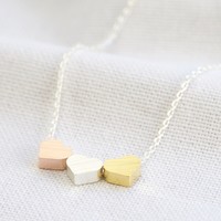 Brushed Mixed Metal Triple Heart Necklace
