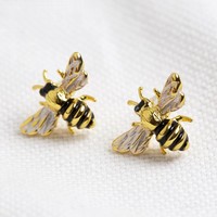 Gold Enamel Bumblebee Stud Earrings
