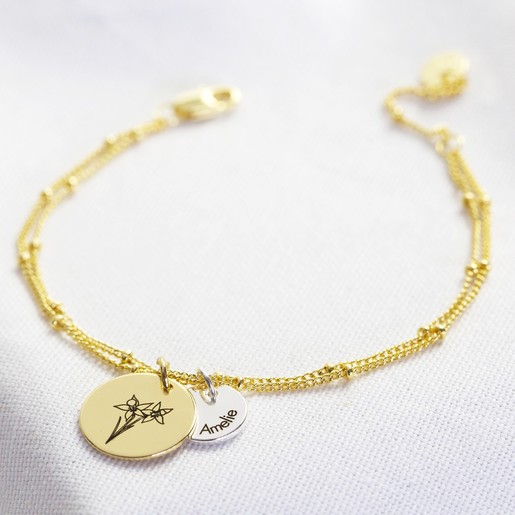 Personalised Gold Birth Flower Double Disc Charm Bracelet