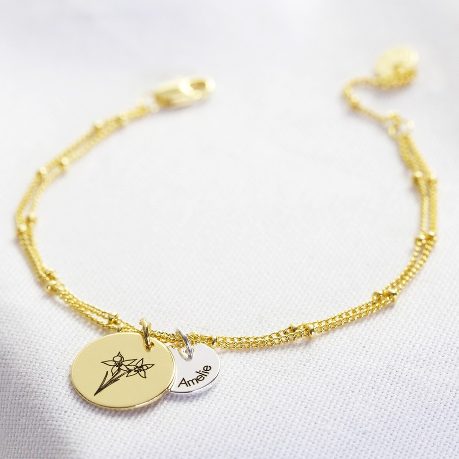 Personalised Birth Flower Double Disc Charm Bracelet