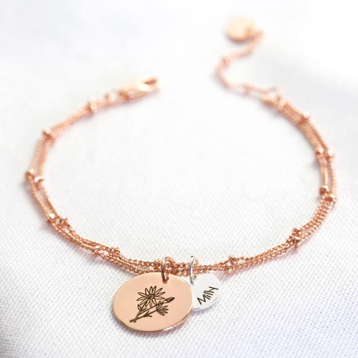 Personalised Rose Gold Birth Flower Double Disc Charm Bracelet