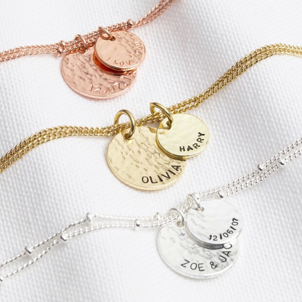 Personalised Hammered Double Disc Charm Bracelet Personalised Hammered Double Disc Charm Bracelet