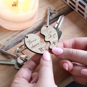 Set of 2 Personalised Wooden Half Heart Keyrings