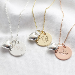 Personalised Disc and Puffed Heart Charm Necklace