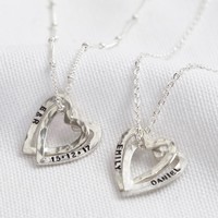 Personalised Sterling Silver Hammered Interlocking Hearts Necklace